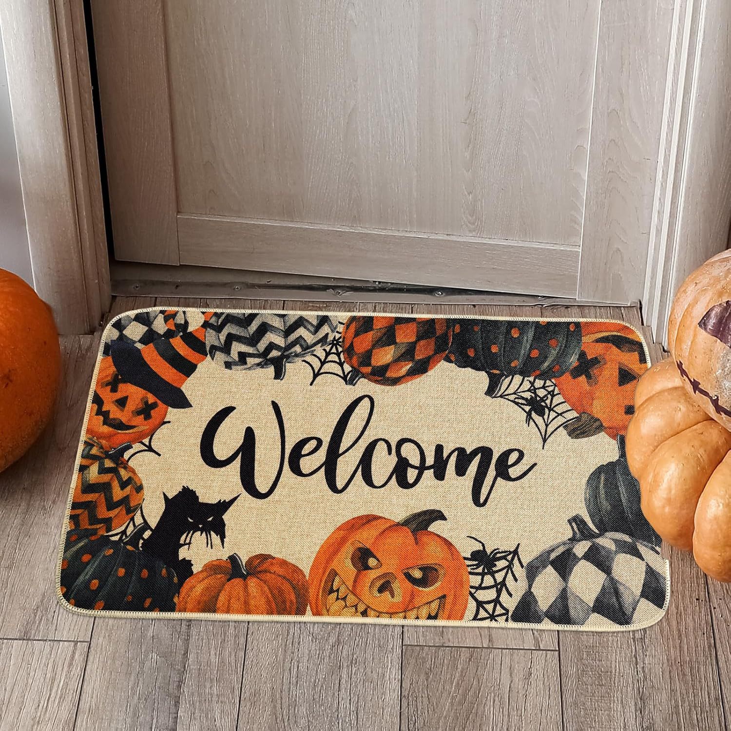 Halloween otoño calabaza alfombra de suelo en la puerta alfombra de lino alfombra de decoración textil al por mayor alfombra de pies