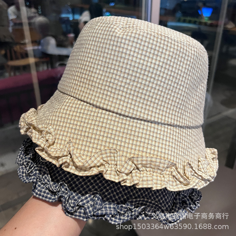 2025新款日系文艺复古格子渔夫帽女秋冬季小众设计感牛仔花边盆帽|undefined