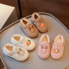 2024 Autumn/Winter New Women's and Children's Fleece-lined Plush Shoes, Children's Cotton Shoes, Warmth-preserving, Small Rabbit Design, Thick Princess Bean Shoes