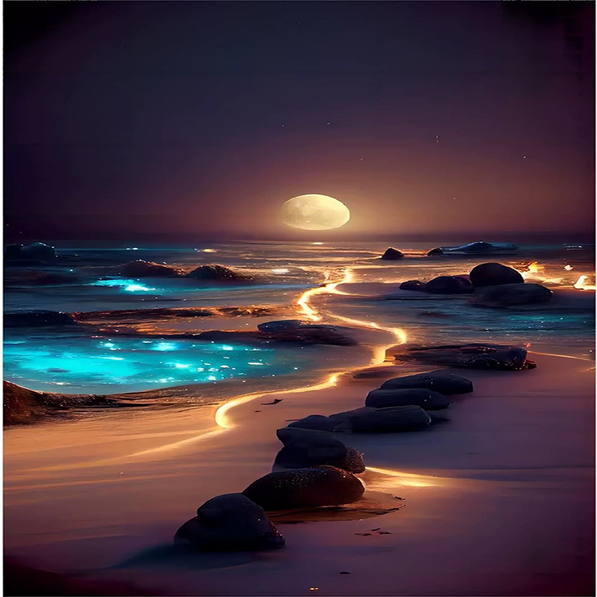 Pintura de diamantes DIY transfronteriza al por mayor, 5D, superventas, con diseño de luna junto al mar, diamantes redondos, diamantes completos, diamantes cuadrados, pintura decorativa para sala de estar