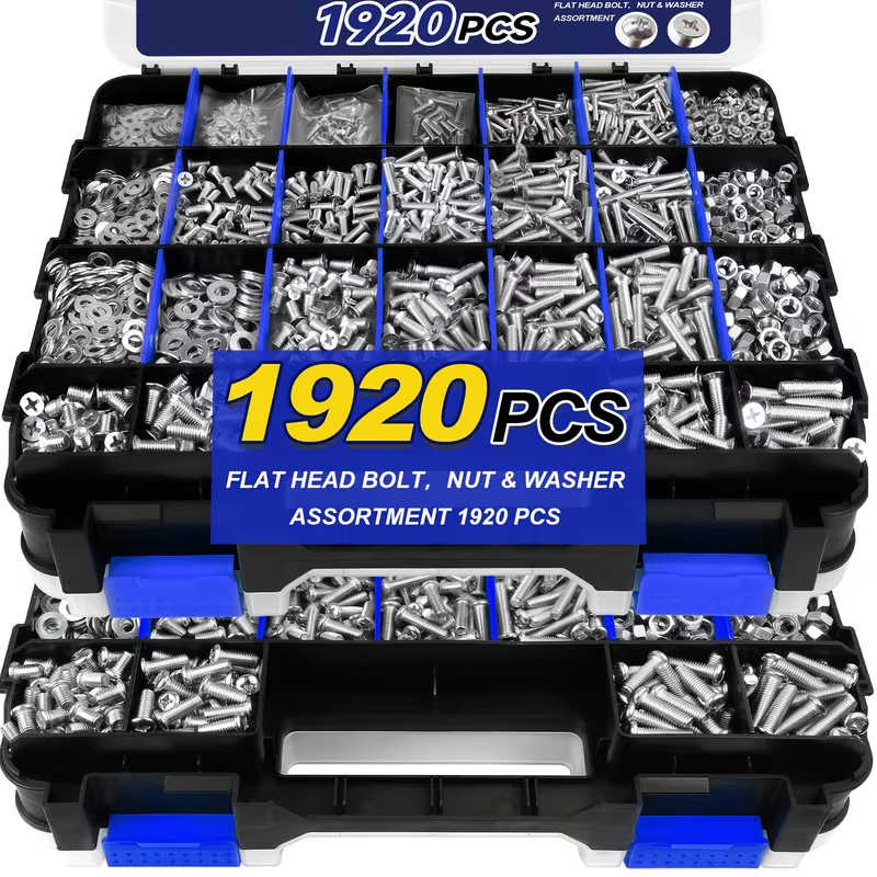 Caja de tornillo transfronteriza 1920pcs acero inoxidable 304 Cabeza Redonda plana tornillo cruzado y tuerca juego de tornillo combinado