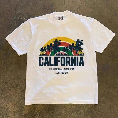 Women's street style short-sleeved clothing tt collar Gatorade vacation casual men's o-printed shirt cotton shirt retro