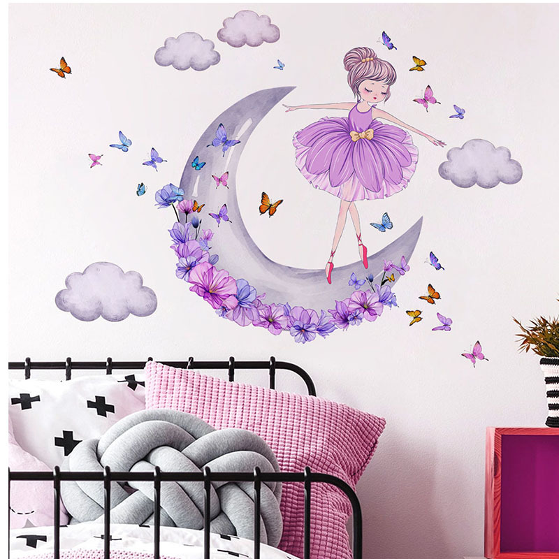 女孩月亮云朵蝴蝶墙贴装饰客厅卧室可移除墙贴跨境速卖通代发
