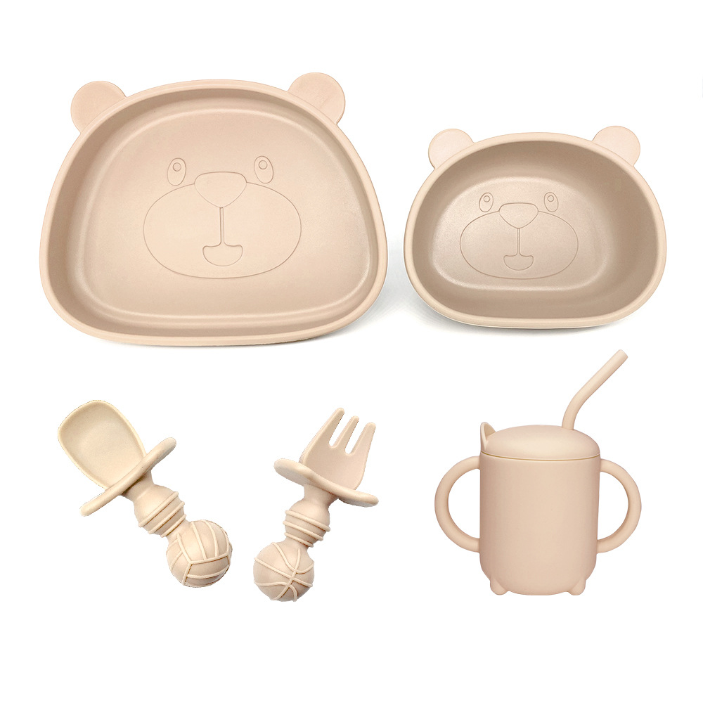 Bebé y bebé suministros Placa de silicona integrada vajilla para niños dibujos animados Panda suplemento alimenticio infantil tazón tenedor cuchara traje