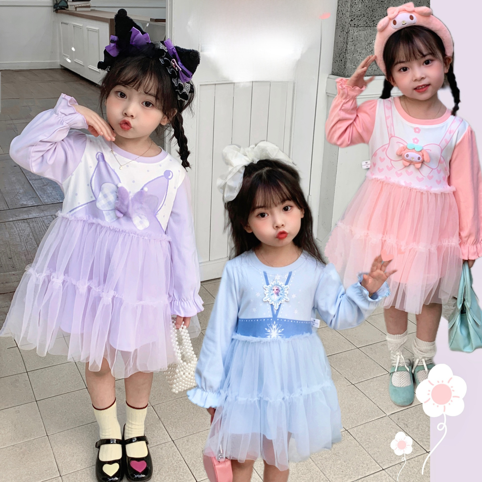 Autumn and winter New girls' dress cartoon Three-dimensional doll long-sleeved mesh dress Princess dress warm
