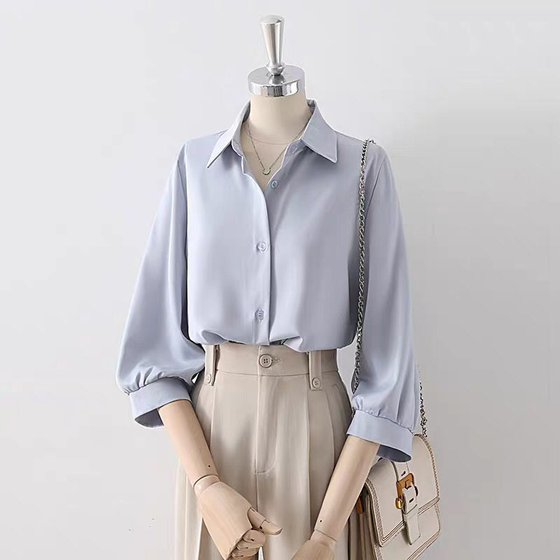 Summer Thin Draped Lapel Shirt for Women 2025 New Professional Work Clothing Three-Quarter Sleeve Top Women's Chiffon Shirt