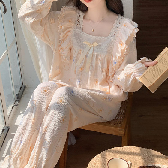 Princess style lace French style pajamas women's new long sleeve lace spring and autumn loose sweet home wear suit wholesale