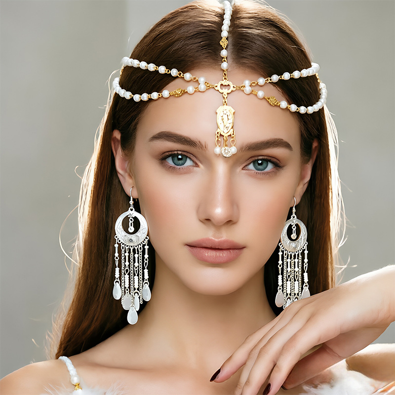 Cross-border Bohemian style hair chain and earrings two-piece set, Indian exotic style tassel water drop head chain hair accessory set