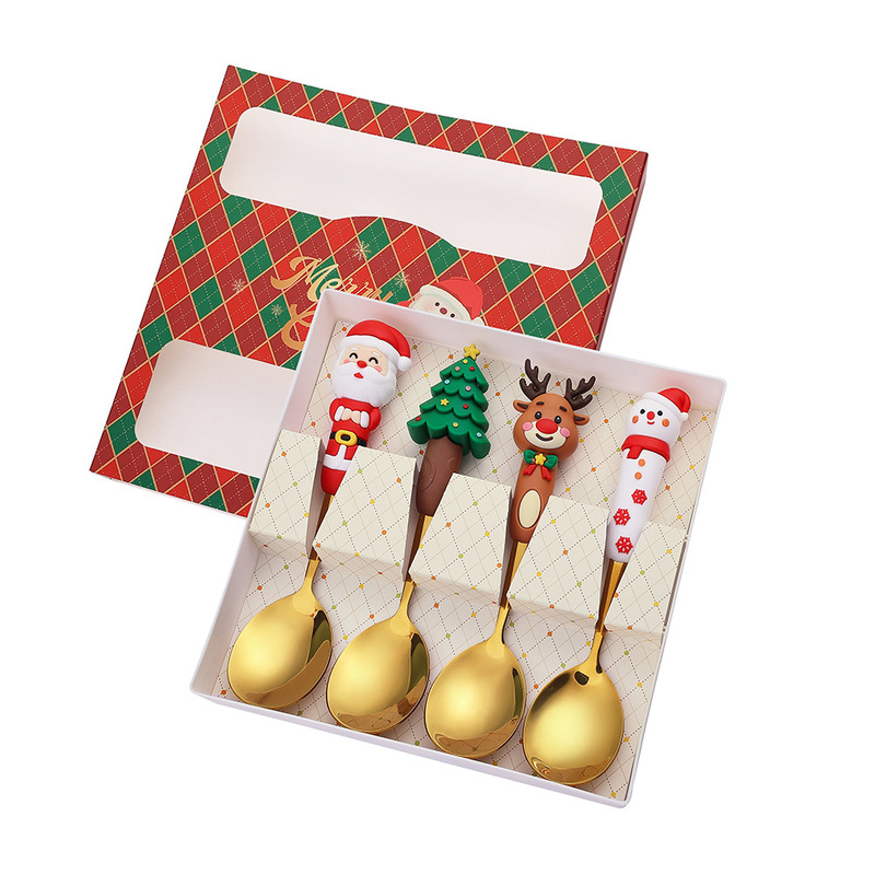 新しいクリスマス人形スプーンとフォークかわいい楽しいサンタクロースクリスマスツリーゴールデンクリスマスフォークとスプーン食器セット|undefined