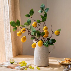 シンプルな5つの頭のレモン模擬枝、長い枝、偽のレモンフルーツ、ホームテーブル、寝室、緑の植物の装飾品、花束の装飾