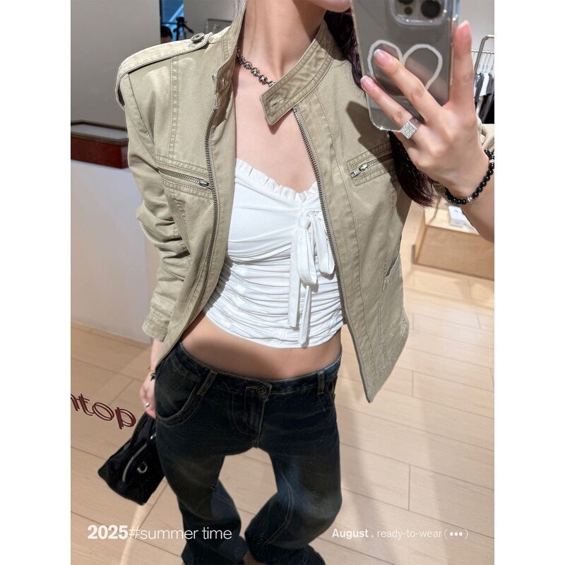 ONEONE 立领做旧美式复古短款牛仔外套女早秋新款正肩夹克上衣|undefined