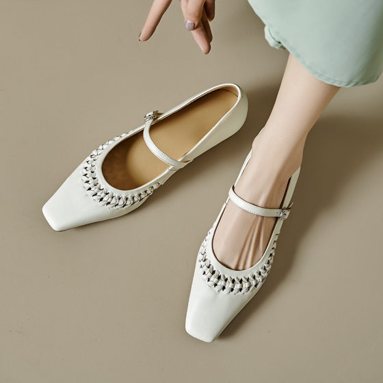 Fairy-style White Mary Jane Shoes New Spring and Summer Hollow Woven Small Square Head Thick Heeled Low Heeled Leather Single-layer Shoes for Women