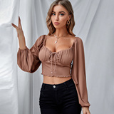 Сексуальная короткая рубашка, фонарь, трикотажный лонгслив, 2023, на шнурках