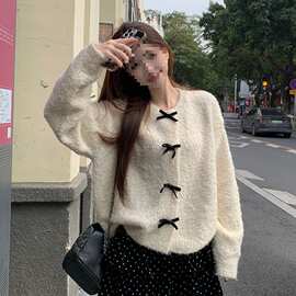 韩系白色蝴蝶结毛衣外套女秋冬设计感小众针织开衫超好看短款上衣