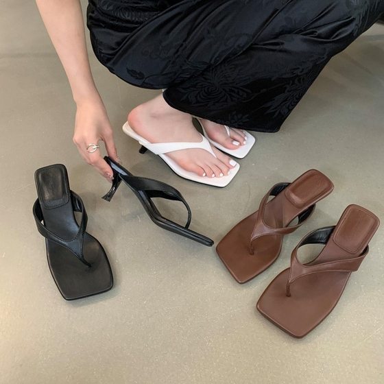 Summer New French Style High-heeled Pussy-heeled Flip-flops Outwear Dress Sandals Women's Square Toe Thin Heel Beach Shoes
