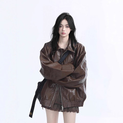 街头ins美式复古翻领皮衣外套女2025年春秋季宽松机车风夹克上衣