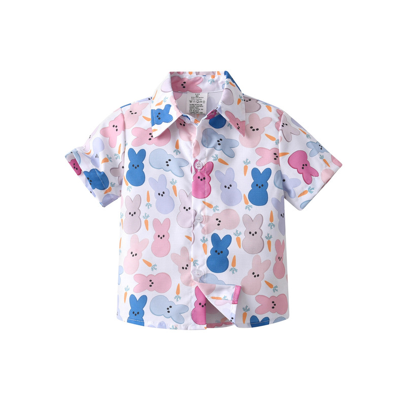 Boys Easter Short-Sleeved Shirt Rabbit Carrot Print Short-Sleeved Shirt Boy Gentleman Style Performance Dress