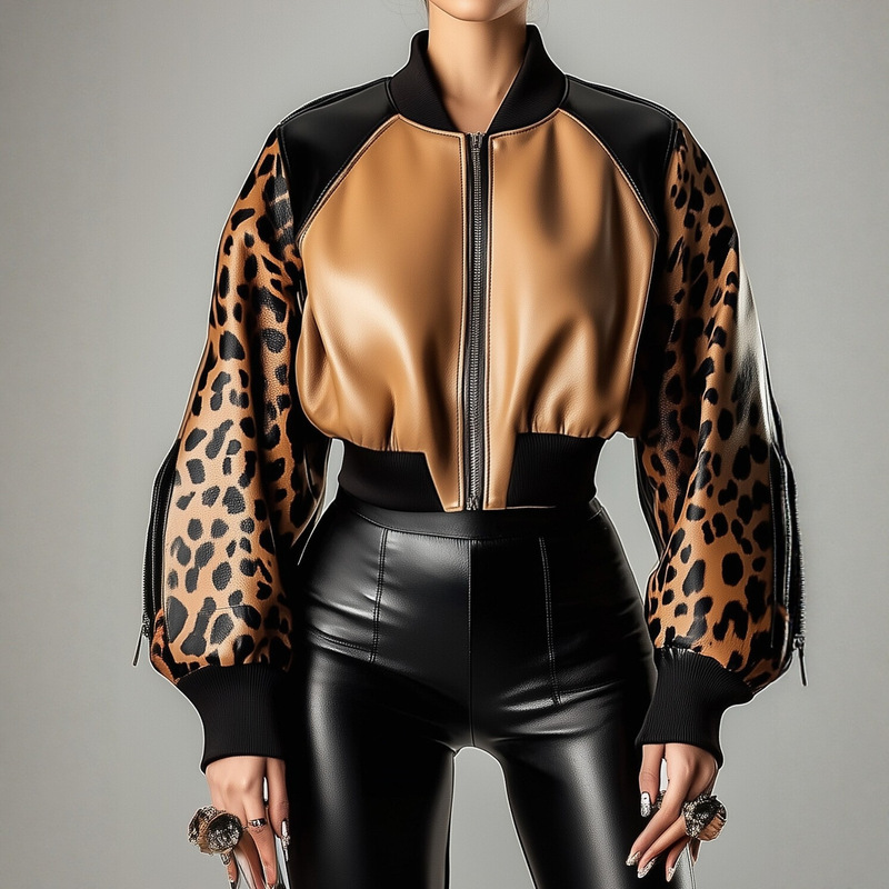 Cross-Border European and American Women's Fashion Autumn and Winter New Style Brown Leather Patchwork Leopard Print Jacket Sexy Street Fashion Party Daily Wear