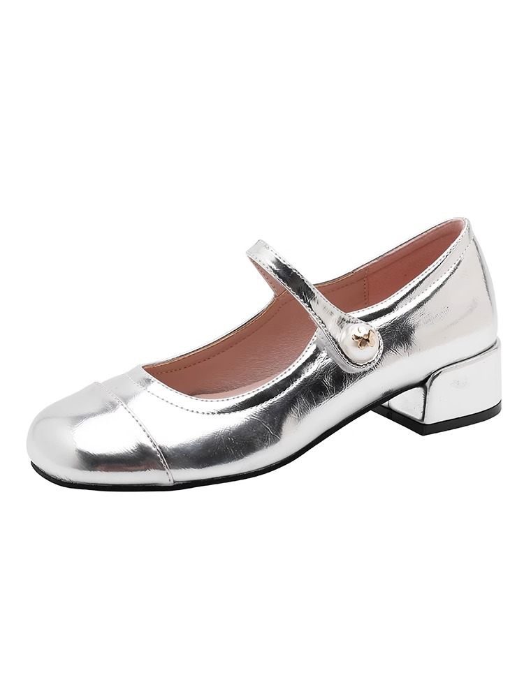 Versión de piel de oveja ~ zapatos de estilo francés de plata de mujer de tacones gruesos fragancias de cabeza redonda velcro con una falda ligera zapatos simples