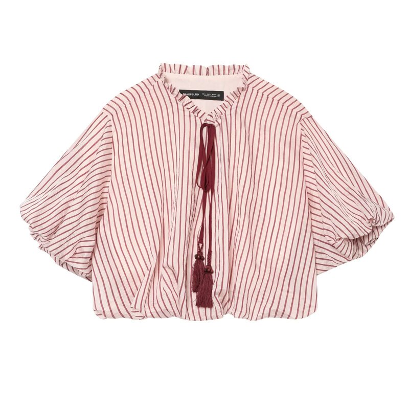 Myst&Za 2026 Fashionable European and American Style New Balloon Sleeve Striped Shirt with Unique Tie and Tassels