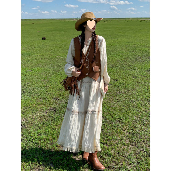 creamy-white dress suit Spring and Autumn Women's 2025 New Holiday Style Long Dress Vintage Maillard Vest Two-piece Set
