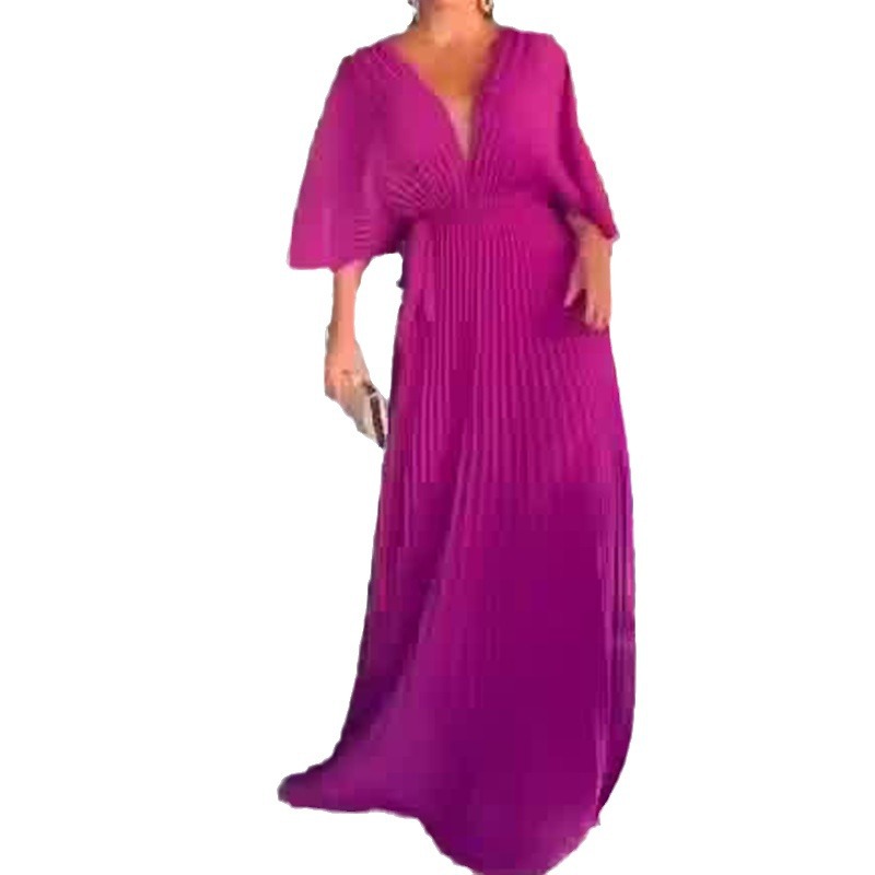 2023 Autumn Cross-Border Trade New European And American Style Solid Color V-Neck Batwing Sleeve High Waist Dress_ecoleips.com