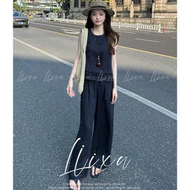 8280现货 雨薇Liixu夏季新款慵懒风复古无袖上衣宽松阔腿裤套装