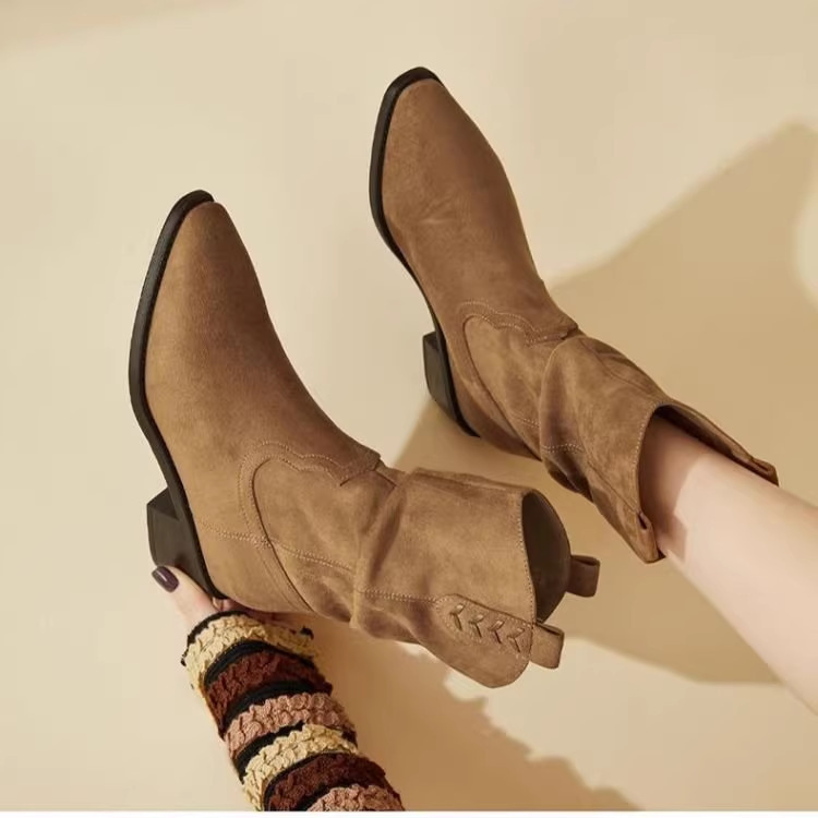 Western China Travel Desert Knight Boots for Women, High Heel Pointed Toe Mid-Calf Genuine Leather Slimming Commuter Suede Stacked Boots Western China Travel Desert Knight Boots for Women, High Heel Pointed Toe Mid-Calf Genuine Leather Slimming Commuter Suede Stacked Boots