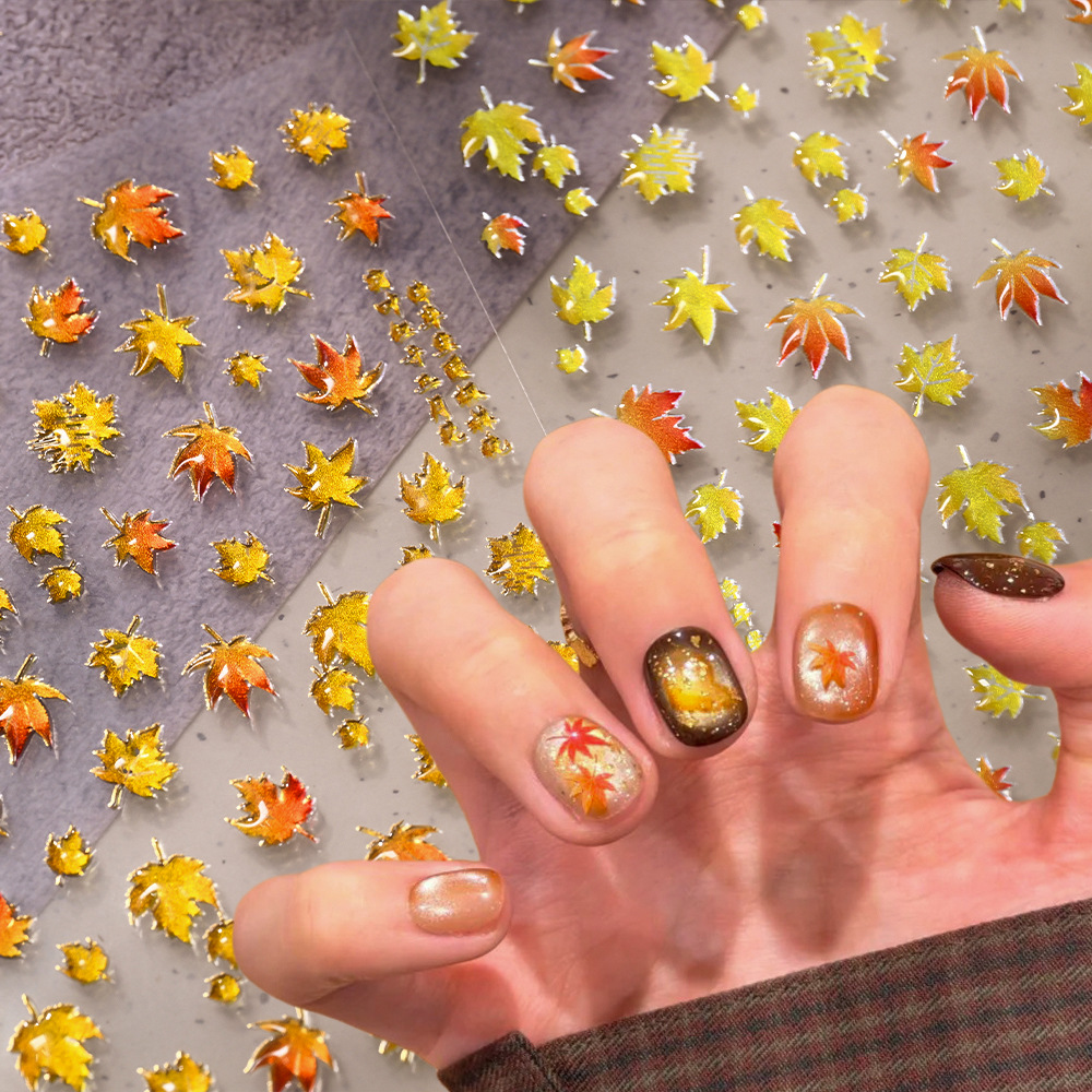 New Chinese-Style Gilded Maple Leaf Nail Art Stickers with Resin Gloss, Creating a Beautiful and Poetic Atmosphere, Golden Autumn Maple Leaf 3D Stickers