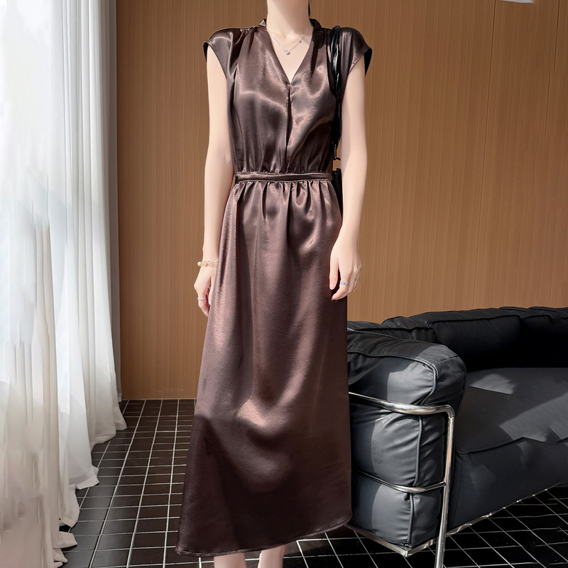 Gilded Satin Shoulder-Sleeve Drawstring Tie Dress, Satin V-Neck Solid Color Loose-Fitting Elegant Long Dress, Acetate 2026 New Model Gilded Satin Shoulder-Sleeve Drawstring Tie Dress, Satin V-Neck Solid Color Loose-Fitting Elegant Long Dress, Acetate 2026 New Model