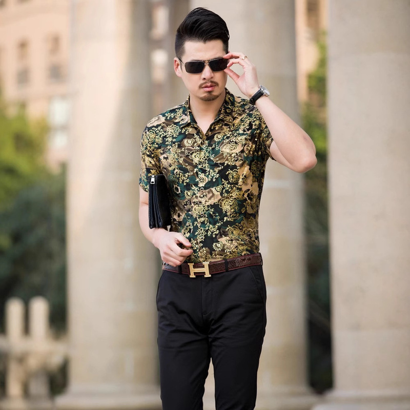 Men's Short-Sleeved Shirts, Middle-Aged Summer Mercerized Cotton Floral Shirts, Fat Men's Loose Casual Plus-Size Shirts