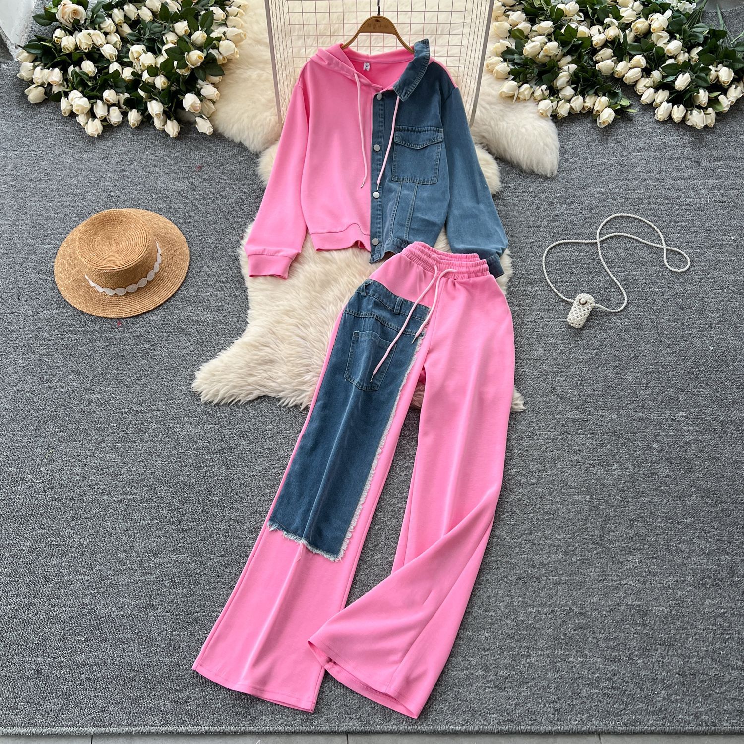 Hong Kong Style Casual Suit for Women, Fashionable Design, Fake Two-Piece Hooded Sweatshirt, High-Waisted Denim Splicing Wide-Leg Pants