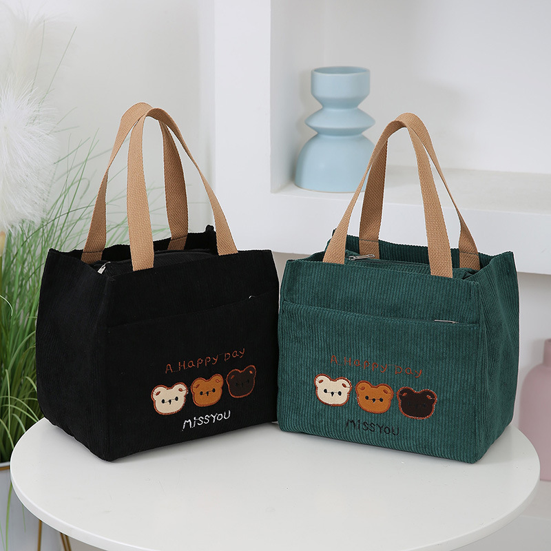 코듀로이 자수 곰 휴대용 화장품 가방 새로운 여성 학생 한국 스타일 핸드백 외출 여성용 대형 보관 가방