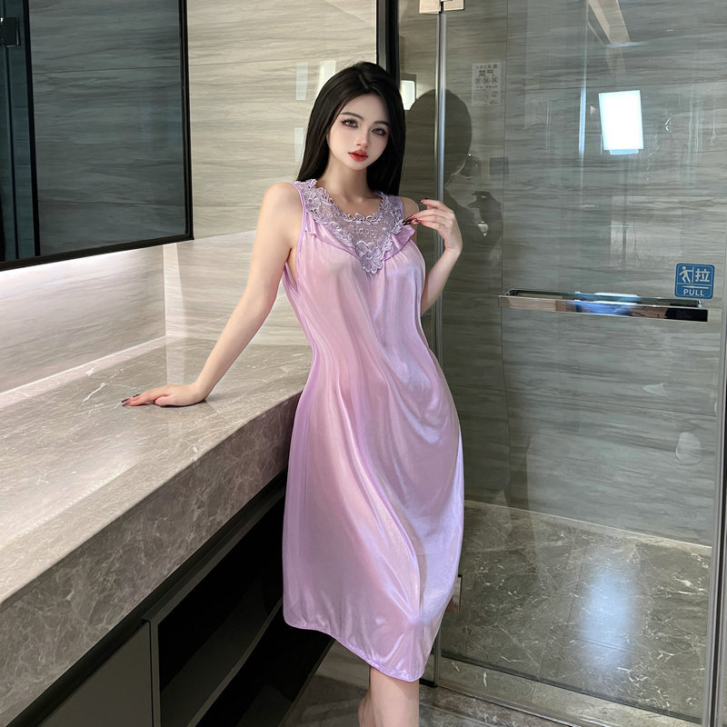 韩版性暗示睡衣浅紫色蕾丝家居服套装外贸大码纯欲风战袍情趣4002