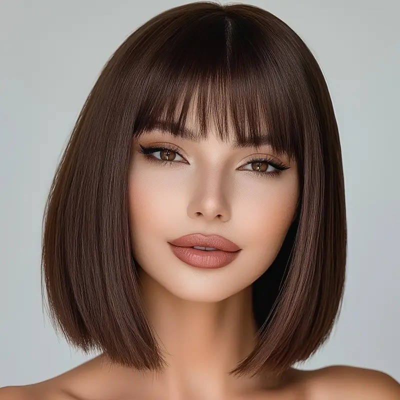 Perruque bob style européen/américain avec frange évasée, élégante, courte et lisse, en cheveux synthétiques, extension complète pour cosplay_voghion.com