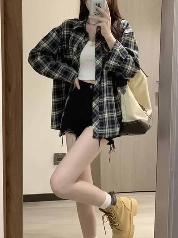 2025秋季新款磨毛格子长袖衬衫雅痞风宽松翻领美式格纹衬衣上衣女|undefined