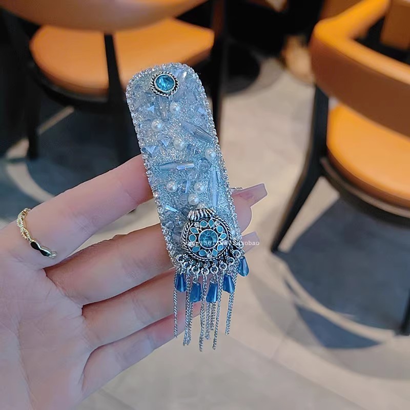 宝石蓝色~治愈系侧边夹闪钻珍珠民族风流苏发夹轻奢气质发卡发饰|undefined