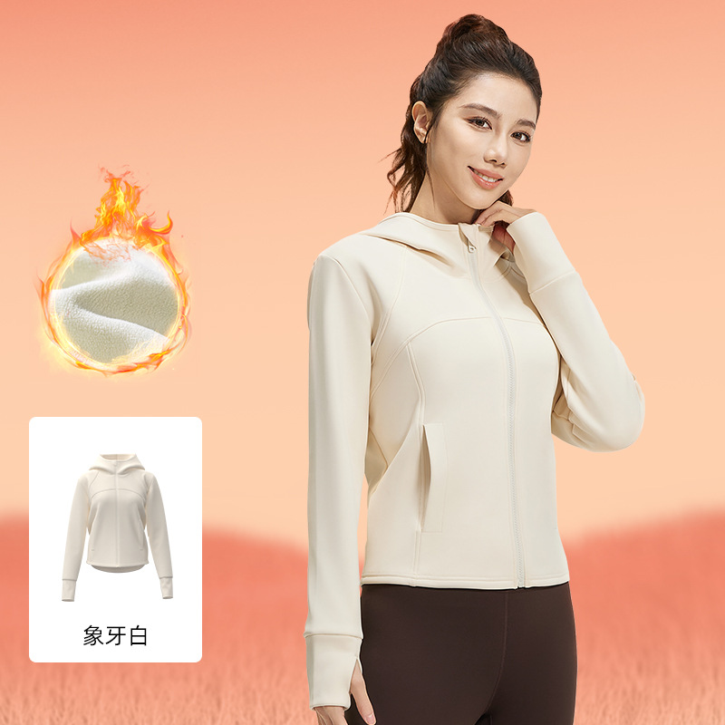 Juyi Tang otoño invierno miel pêssego abrigo deportivo de bolsillo suelto con capuchona y abrigo de yoga de terciopelo grueso