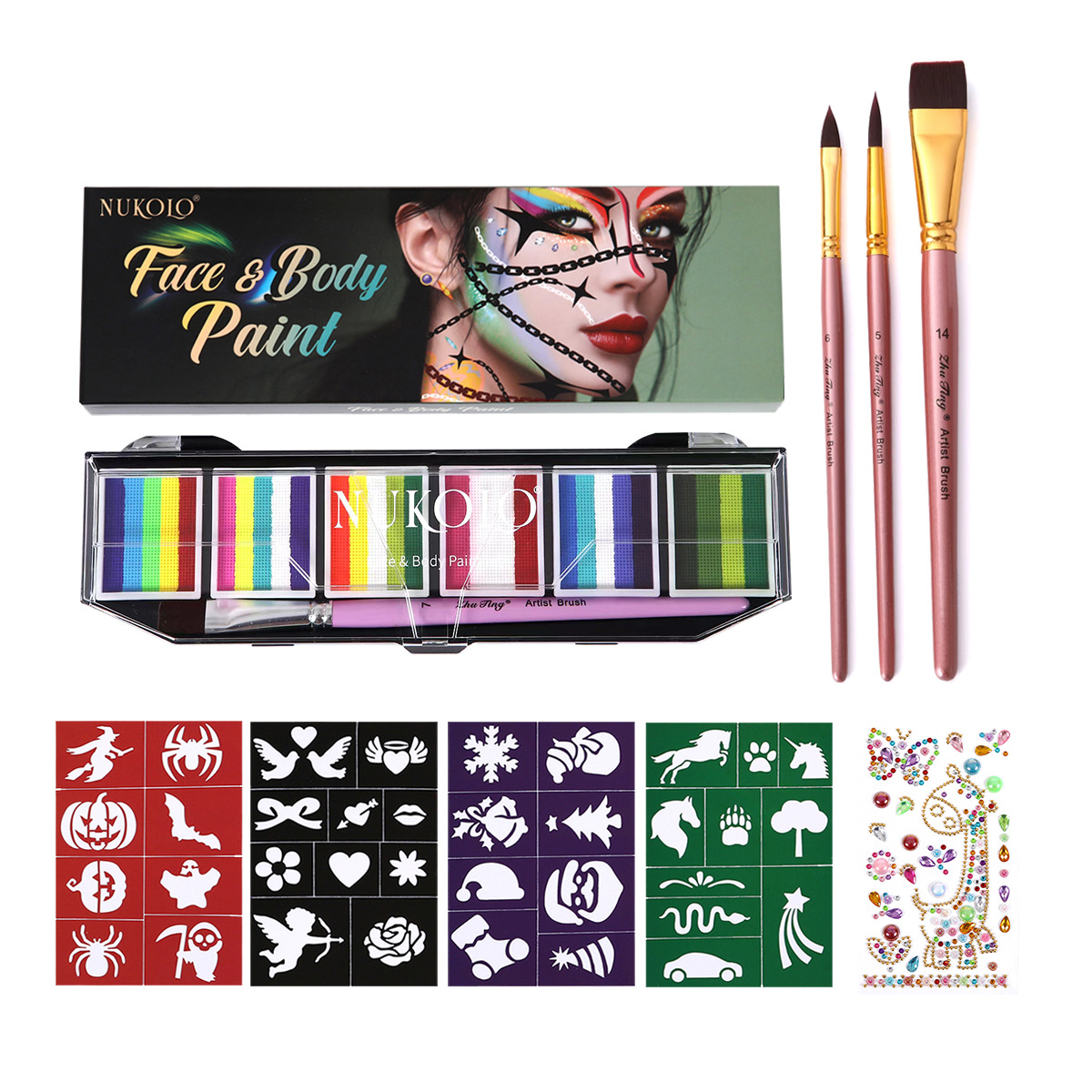 Ventas transfronterizas calientes 6 grupos de paleta de color de barra arcoíris conjunto acuoso cuerpo humano pintado pigmento de pintura facial pasta de color pigmento de acuarela