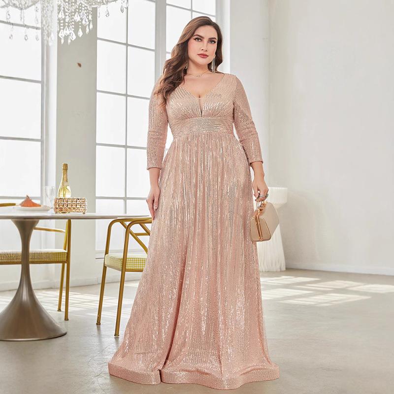 Cross-border Amazon New Evening Dress plus size Sequin Long Sleeve V-neck Elegant Long Dress Banquet Party Dress