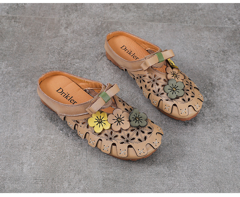 Dép sandal nữ bít mũi da bò thật hoa khắc lỗ, đế mềm, phong cách cổ điển — màu trắng ngà chi tiết 13