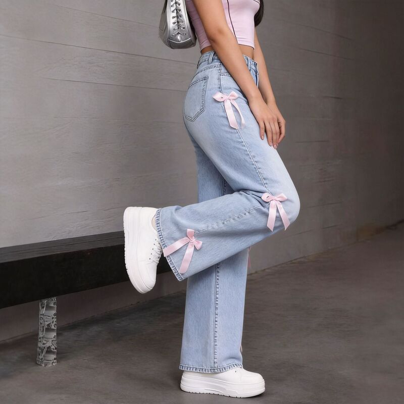 Cross-border bow-tie straight loose wide-leg washed light blue jeans for women, European and American hot girl sweet style, Amazon TK