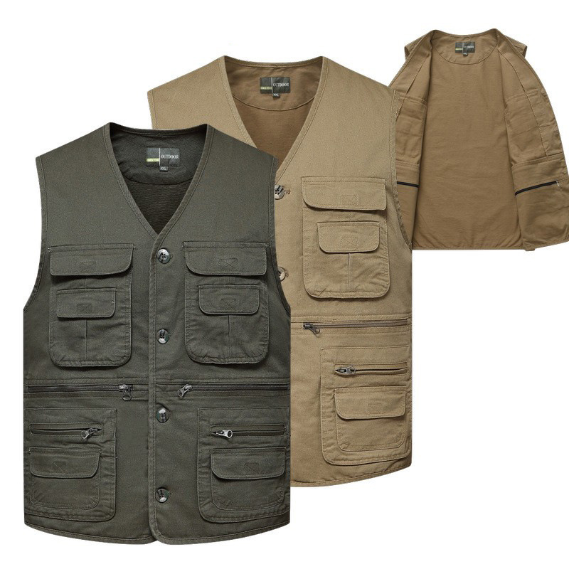 Chaleco de exportación con cuello en V para hombre, con múltiples bolsillos, talla grande, estilo con botones, algodón puro, color sólido, chaleco informal para trabajo, deportivo.