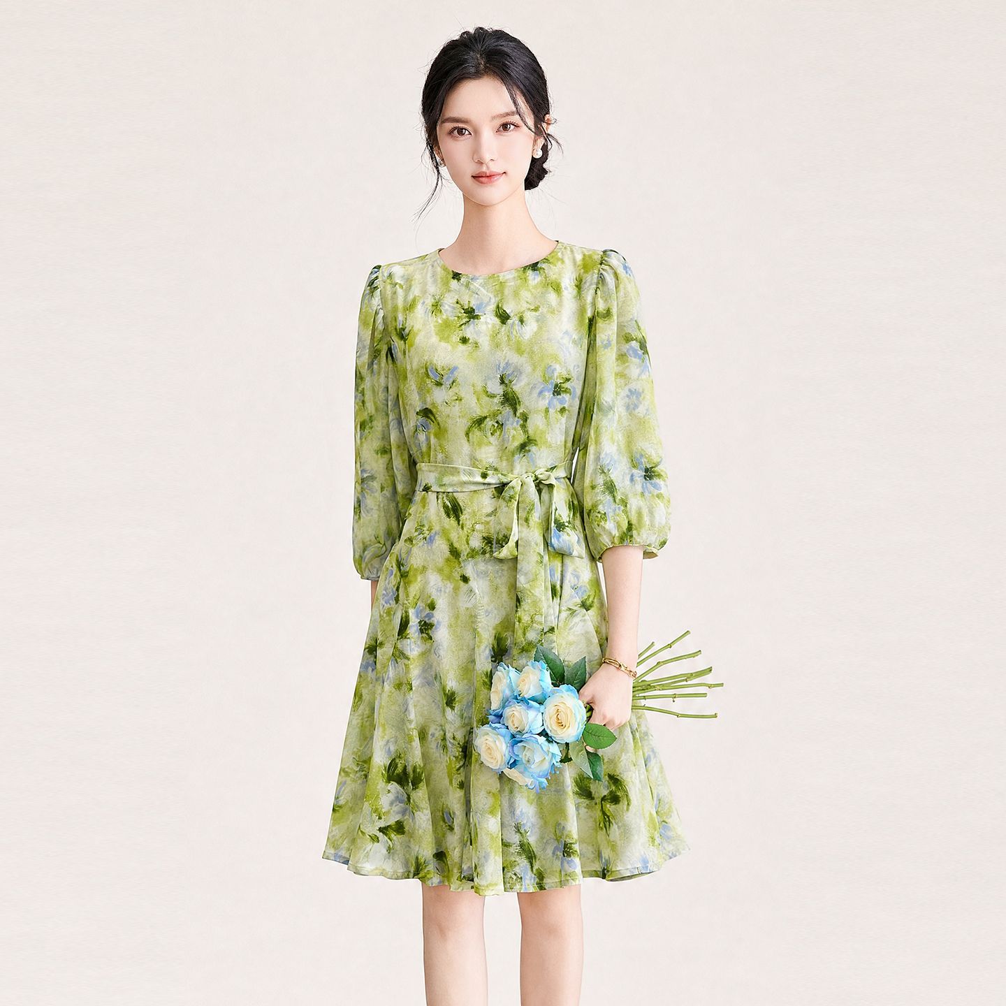 Đầm maxi nữ tay phồng hoa nhí chất liệu voan chiffon — xanh lá cây
