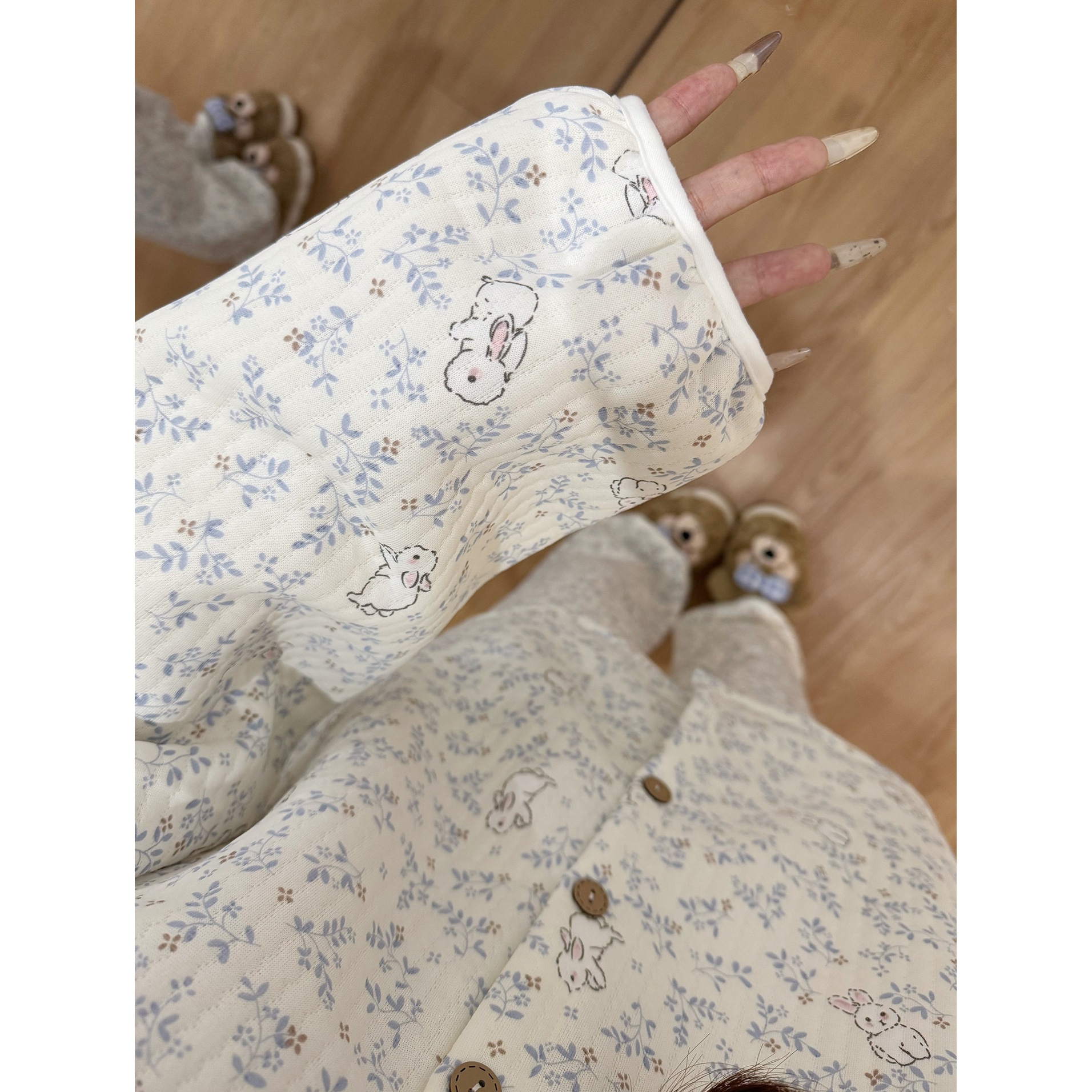 Women's Sweet Floral Bunny Pajamas Lace Collar Thickened Air Cotton Lining Warm Home Wear Set New Autumn Winter Style_voghion.com