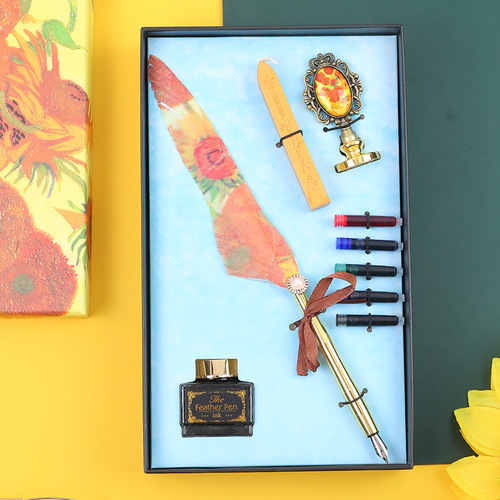 Van Gogh oil painting feather pen set European British retro style quill pen fire paint seal ink practical gift