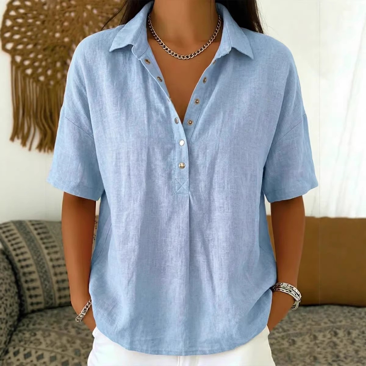 Europa y Estados Unidos transfronterizos Amazon estación independiente 2026 verano nuevo estilo de ropa de mujer comodidad con solapa de manga corta camisa sólida