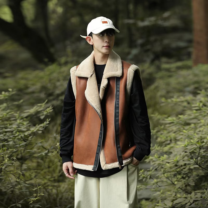 American simple vest TikTok popular autumn and winter suede composite granular velvet PU leather simple all-match bread cotton-padded jacket