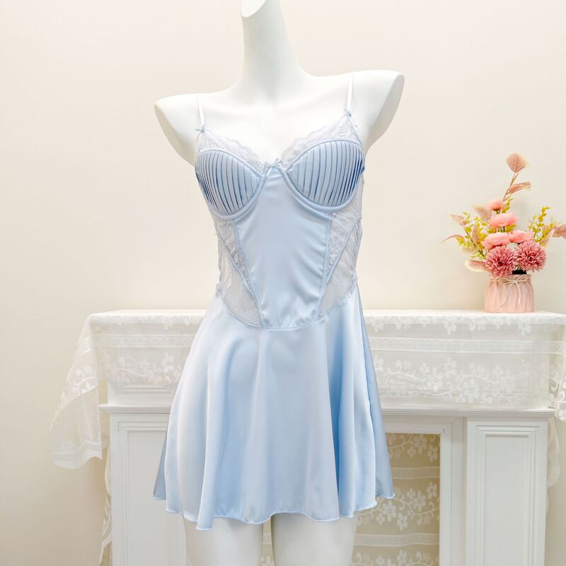 Sexylingerie Cross-Border High-End Style with Padded Underwire, Slim-Fit Satin Lace Nightgown Loungewear for Women