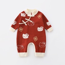 新生婴幼儿秋冬季连体衣服女宝宝周岁满月新年爬服哈衣针织外出服